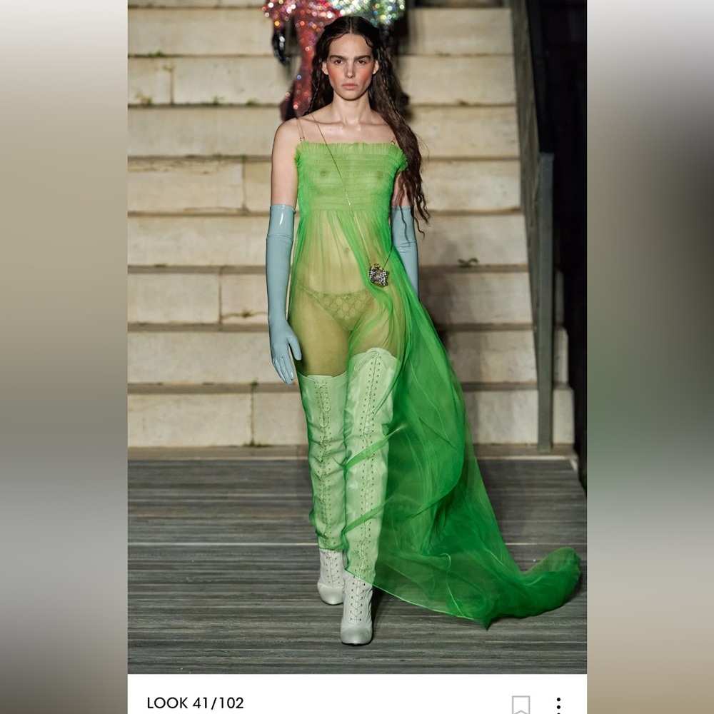 Gucci SS22 green smocked gown with removable silk slip